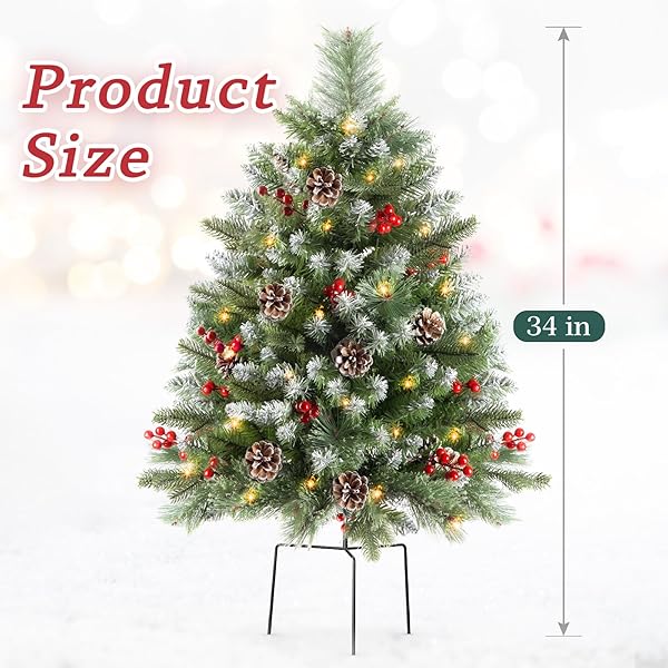 LAVEVE 34″ PRELIT SMALL CHRISTMAS TREE WITH LIGHTS, BATTERY OPERATED XMAS TREE WITH PINE CEDAR CONES & BERRIES, FROSTED URN FILLER, 50 LED WARM LIGHTS WITH TIMER, OUTDOOR FOR PORCH AND PATHWAY, 2 PACK