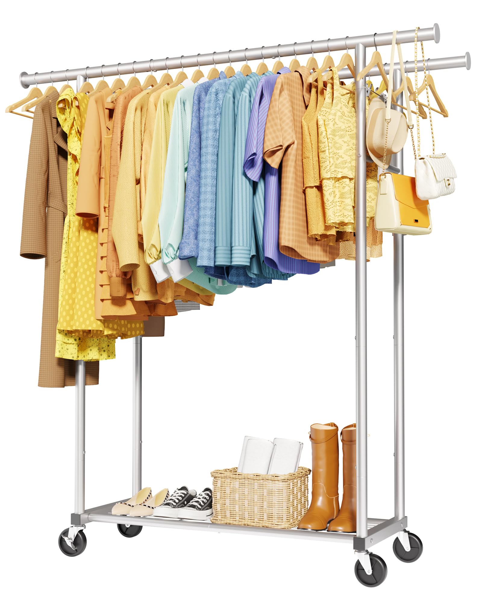 Photo 1 of ***MISSING INSTRUCTIONS/UNKNOWN MISSING /DAMAGES*** Sakugi Mobile Double Rod Clothes Rack, Freestanding Garment Organizer with Medium Load Capacity and Bottom Storage Shelf for Home Use,Silver