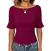ANRABESS Womens Boat Neck Bell Short Sleeve Shirts Ruched Crop Dressy Work Blouse Business Casual Top 2026 Spring Clothing
