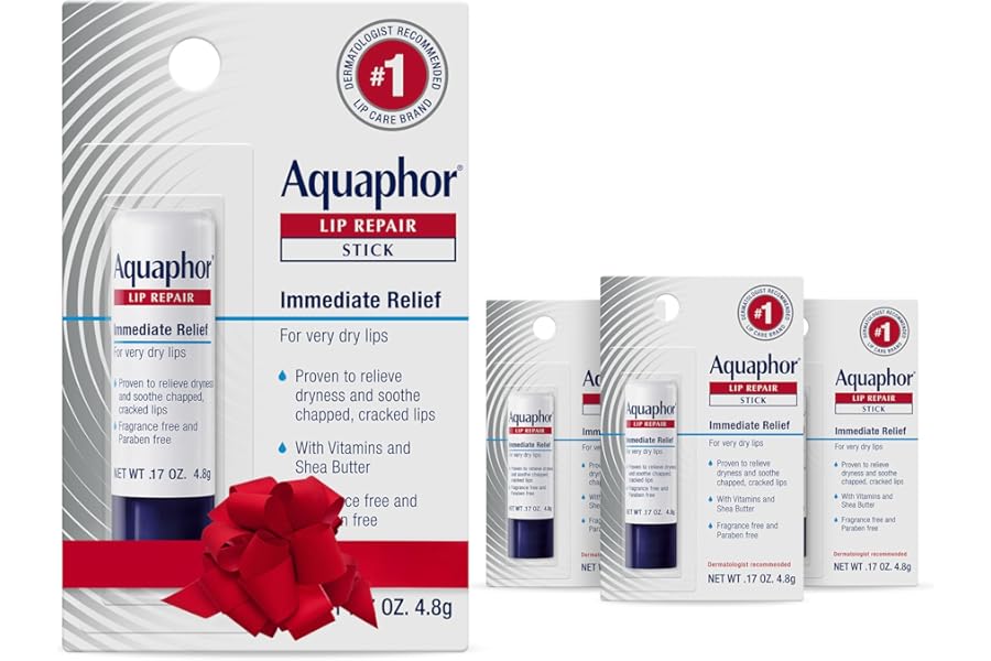 Aquaphor Lip Repair Stick with Jojoba Oil and Shea Butter, Moisturizing Lip Balms, Fragrance Free and Paraben Free, Holiday Gifts for Self Care, 0.17 Oz Stick, Pack of 4