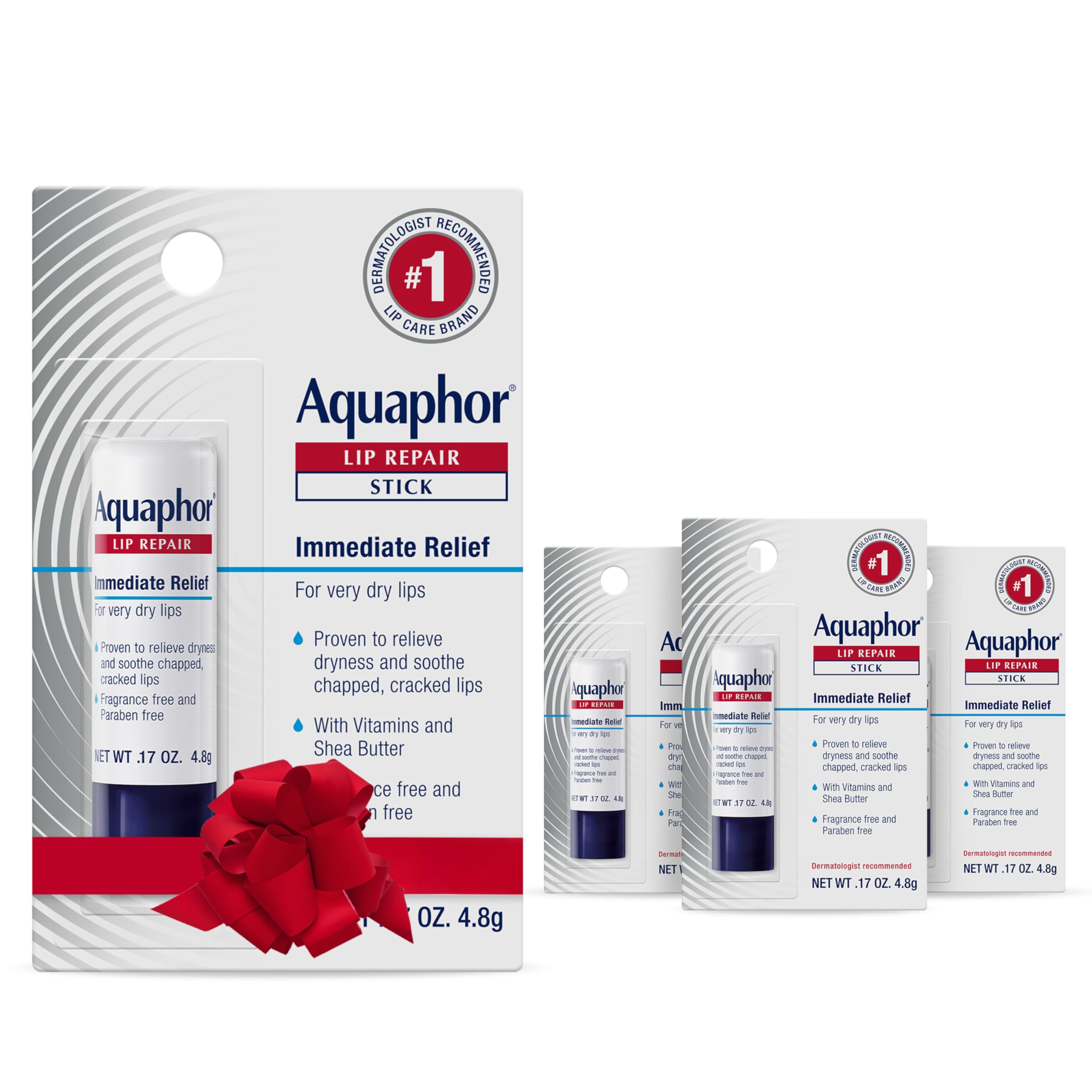 View 1 of Aquaphor Lip Repair Stick with Jojoba Oil and Shea Butter, Moisturizing Lip Balms, Fragrance Free and Paraben Free, Holiday Gifts for Self Care, 0.17 Oz Stick, Pack of 4
