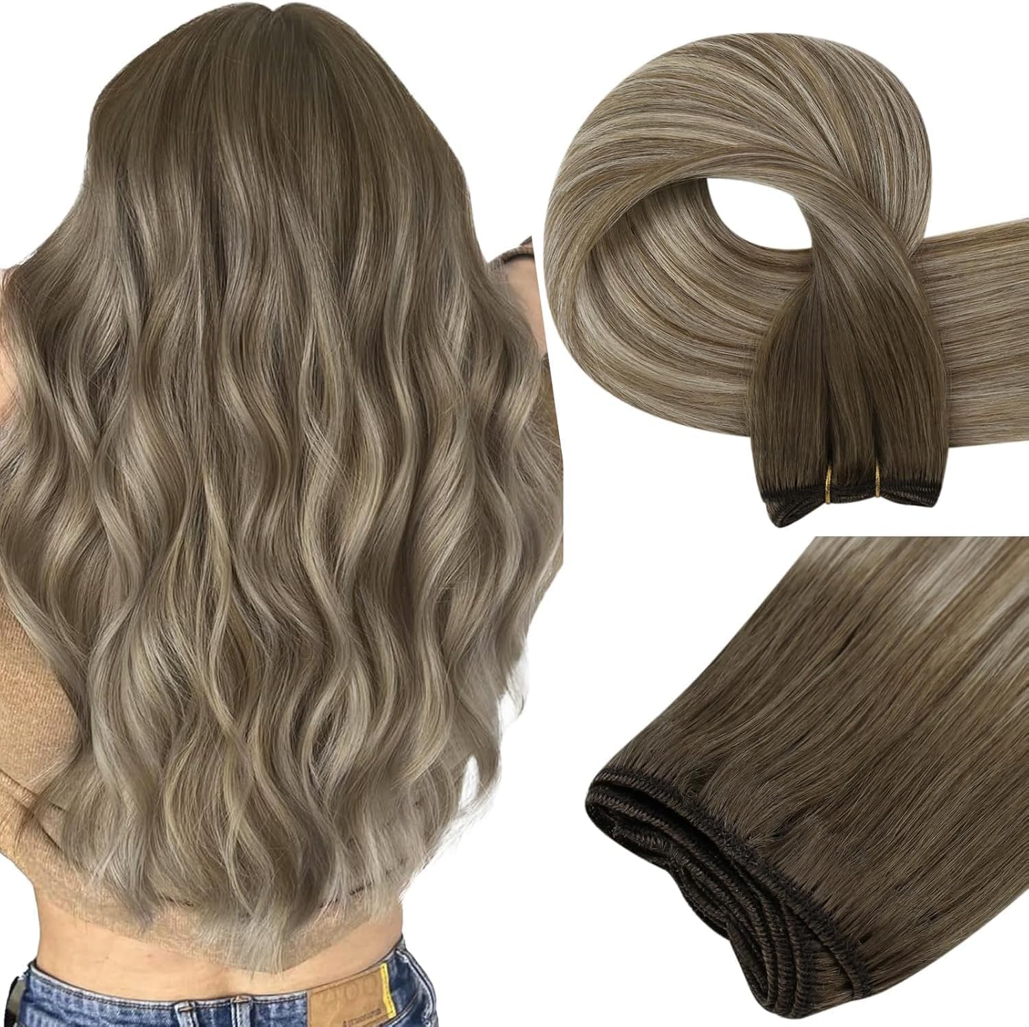 Easyouth Weft Human Hair Extensions Balayage Double Weft Sew in Hair Extensions Real Remy 20 Inch 100g Ombre Medium Brown to Platinum Blonde Weft Extension Straight — image 1