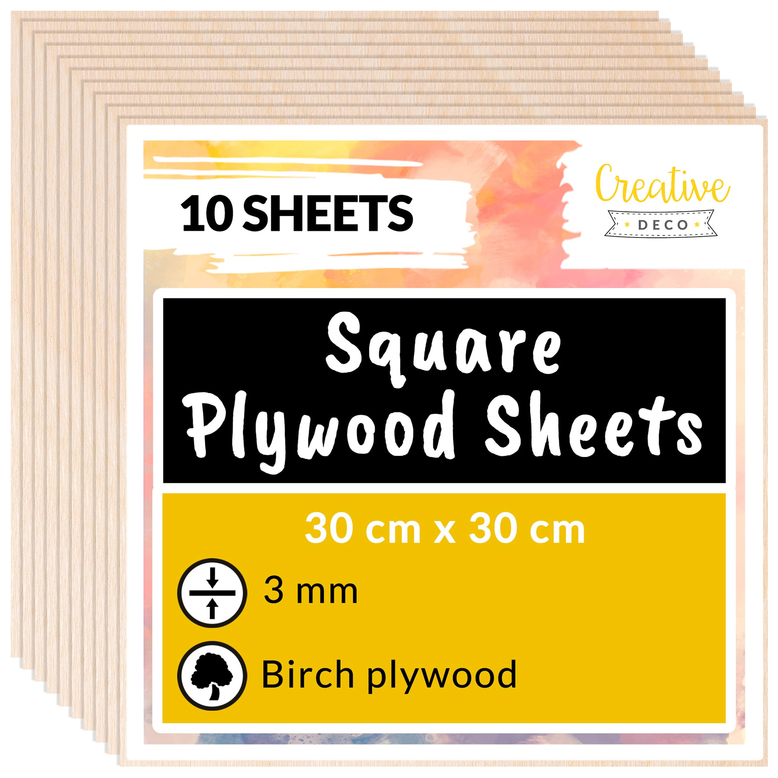 Creative Deco 10 x Square Birch Plywood Sheets | 300 x 300 x 3mm (+/-2mm) Baltic Wood Ply | Perfect Laserable Board Wood DIY Home Decor Arts Craft Painting Laser Cutting CNC Stenciling Pyrography