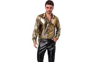 ODIZLI Mens Holographic Metallic Top Long Sleeve Button Down Shirt for Disco Party Nightclub Dance Shiny Shirts