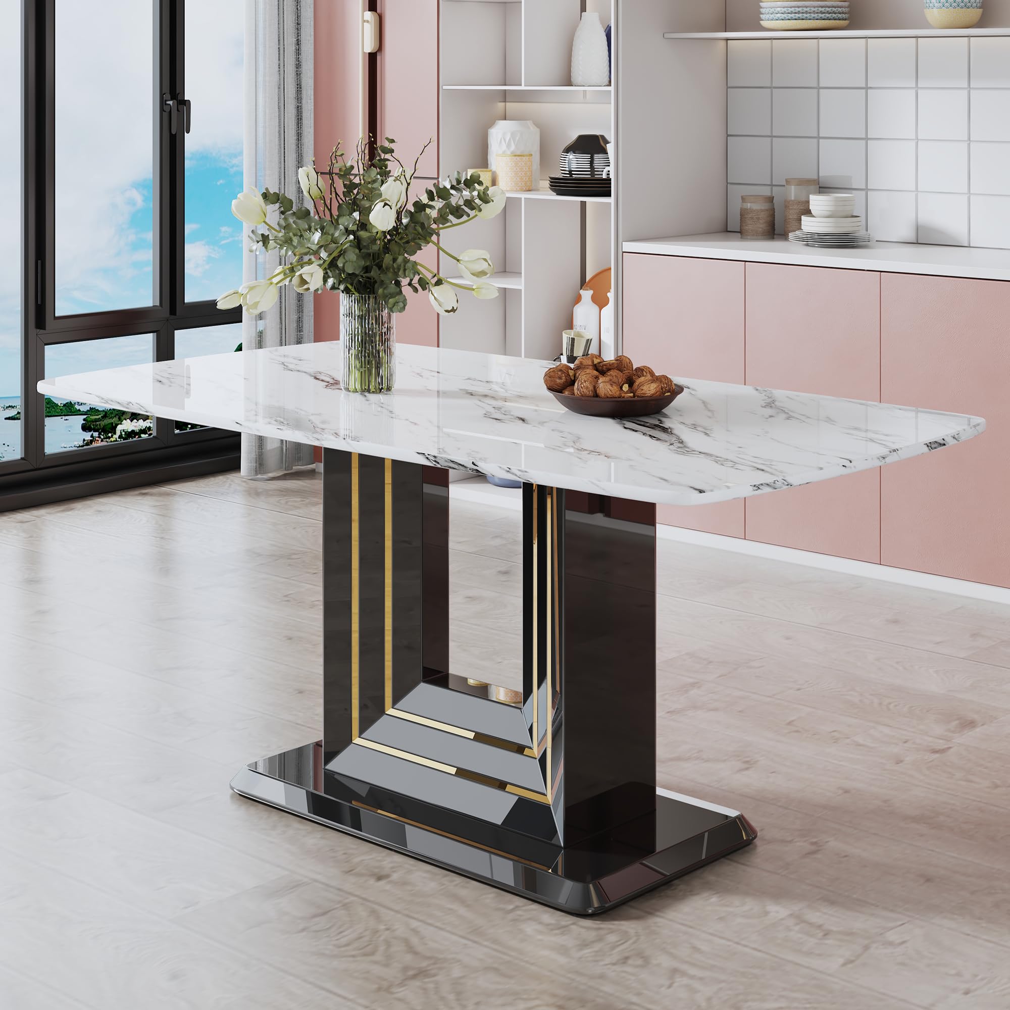 63" Dining Table for 4-6 People, Modern Marble