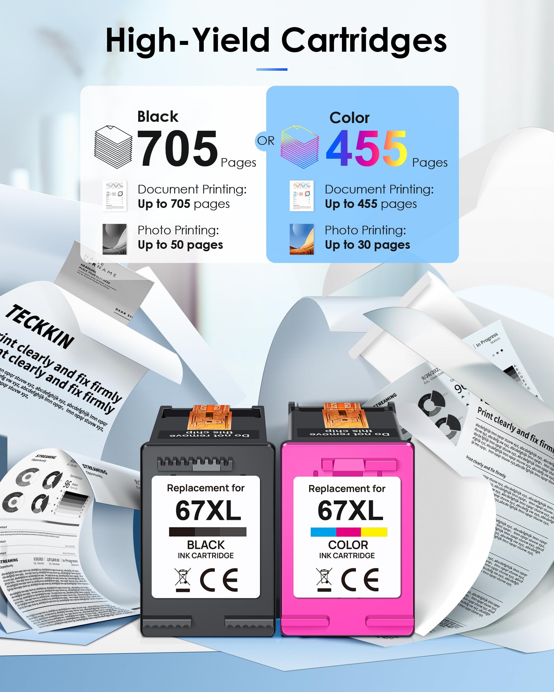 67XL Ink Cartridge Black/Color Combo Pack Replacement for HP Ink 67 67XL Printer Ink Works for HP DeskJet 2827e 2755e 2700 2855e 2800 4155e 2755 2852e Envy 6055e 6000 6455e (2 Pack)