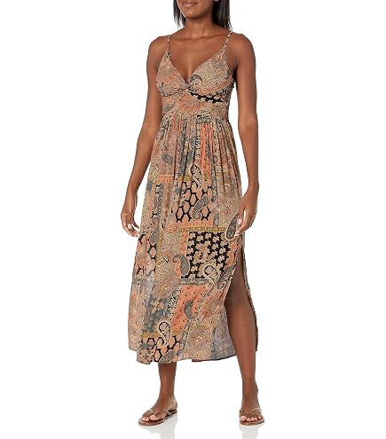 Angie Women's Printed Smocked Bodice Strapless Maxi Dress Dress, Black, Small at Amazon Women's Clothing store