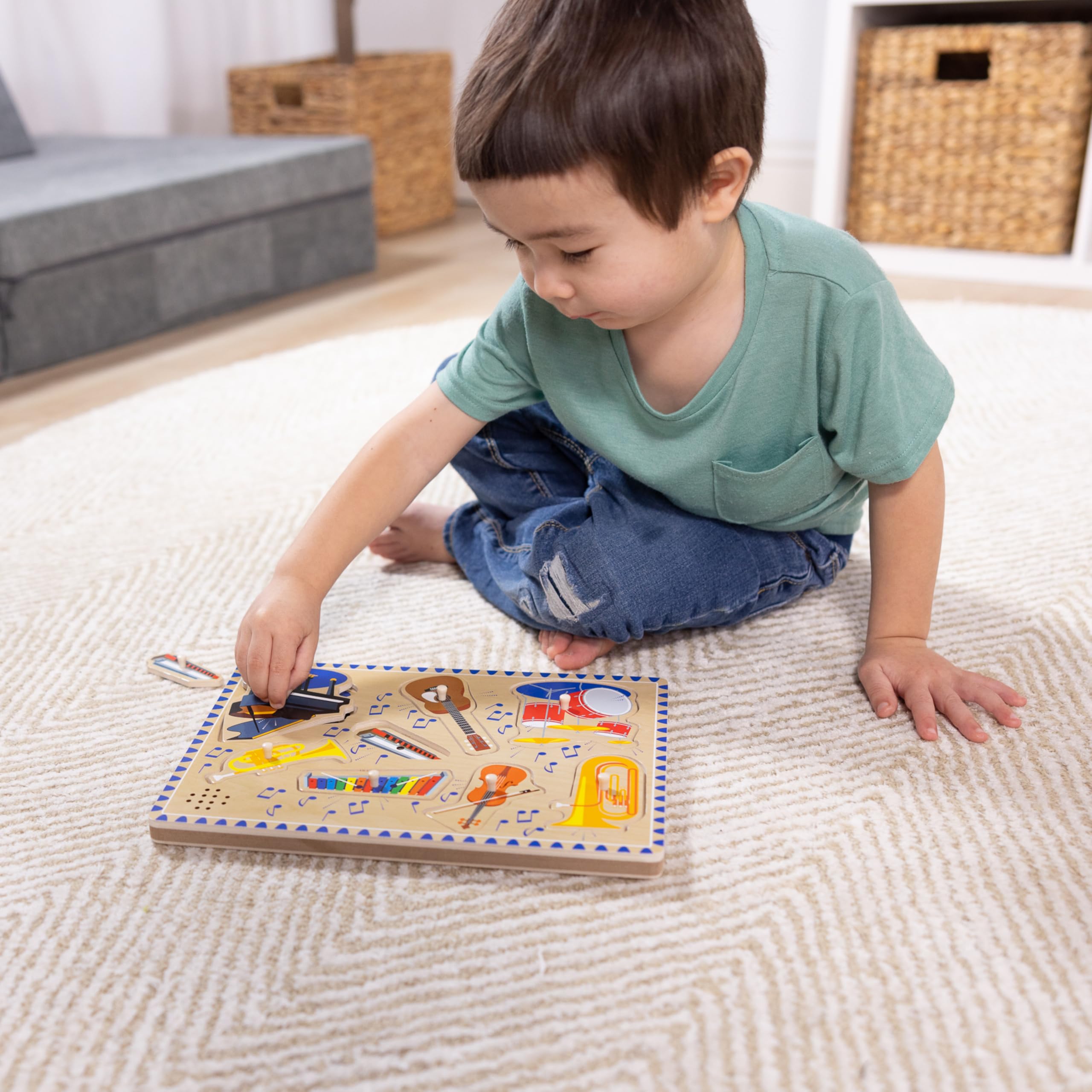 Melissa & Doug Musical Instruments Sound Puzzle - Wooden Peg Puzzle with Light-Activated Sound Effects (8 pcs) Wooden Peg Baby Music Learning Toys, for Toddlers and Preschoolers Ages 2+