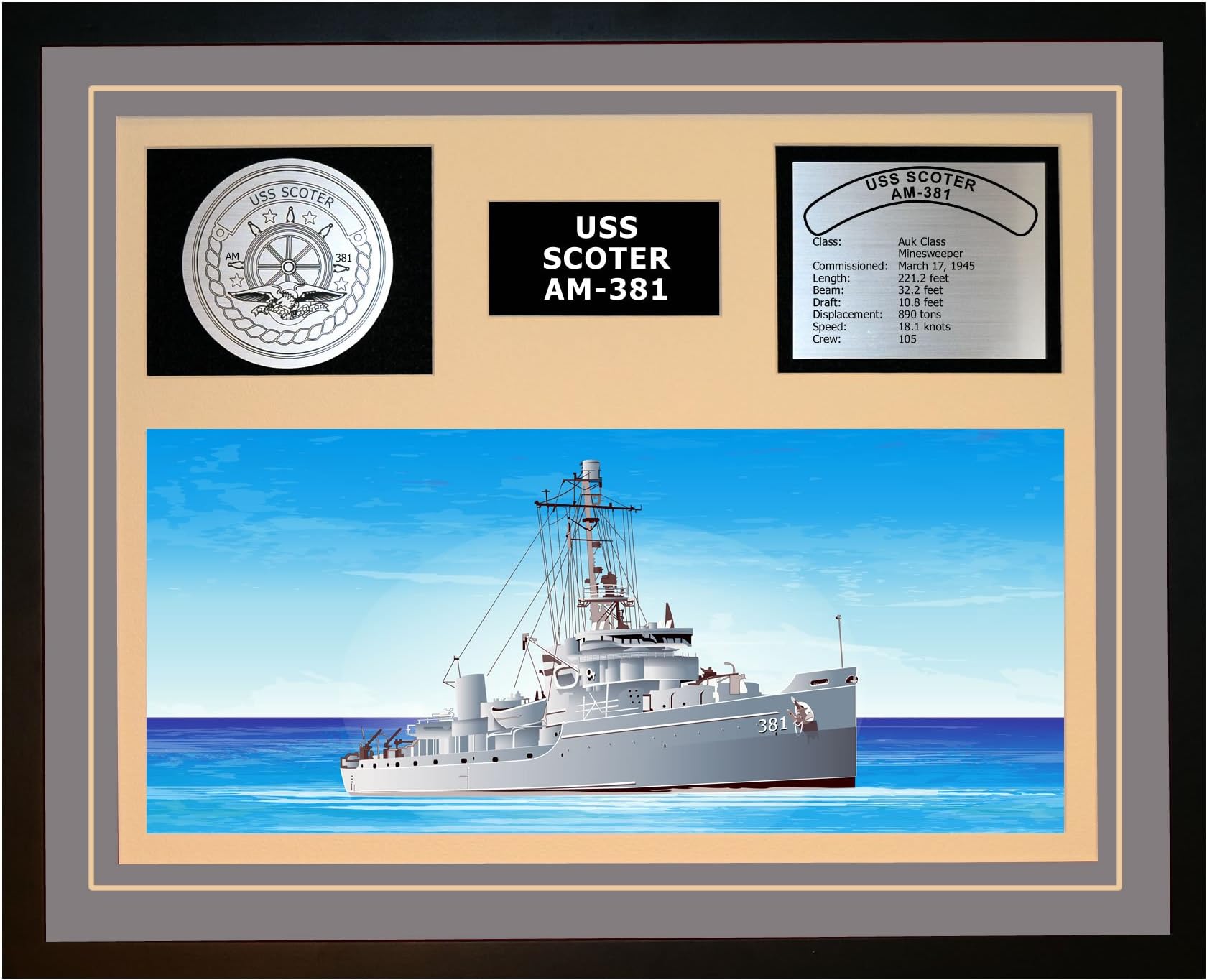 Navy Emporium USS Scoter AM 381 Framed Navy Ship Display Grey