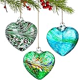 Set of 3 Green Blown Glass Heart Ornaments 4 Inch Hanging Decor for Outdoor Unique Home Garden Patio Decoration for Mom Wife