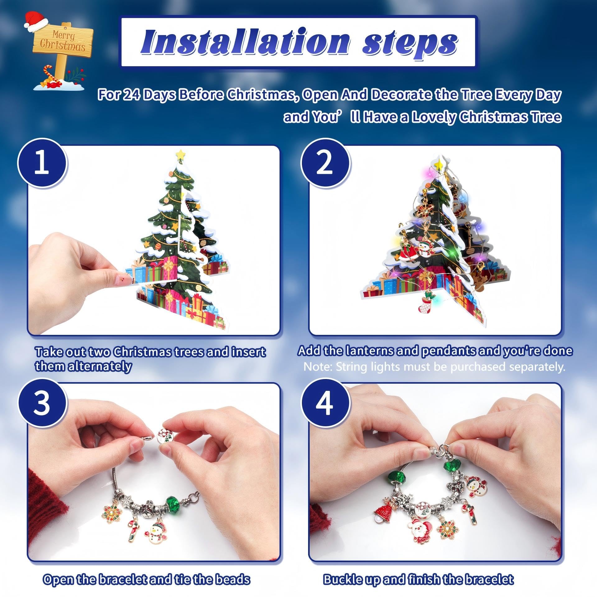 Christmas Advent Calendar Bracelets for Kids - 24 Day DIY Jewelry Making Kit with 22 Charm Beads & 2 Adjustable Bracelets - Advent Calendar for Girls,Creative Gift for Kids,Teens,Women