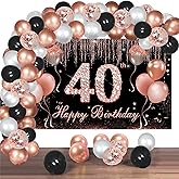 40th Birthday Decorations for Women, Rose Gold and Black Happy 40 Birthday Backdrop Confetti Balloon Arch Garland Kit Party Supplies Decor