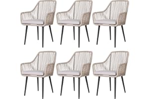 Patiorama Outdoor Dining Chairs, Patio Dining Chair Set of 6, All-Weather Woven Rope Rattan Chairs, Outdoor Dining Wicker Chairs with Armrests for Indoor Balcony Pool Backyard(Tan)