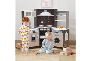 TaoHFE Corner Play Kitchen with Lights & Sounds Brown Kitchen Kids Toddler Kitchen Set with Washer, Chalkboard Wooden Kitchen Kids Playset with Washing Machine Range Hood Boys Gift for Ages 3+