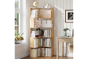 Casvik 5-Tier Corner Bookshelf, L-Shaped Solid Wood Shelf, Wooden Etagere Bookcase with Open Shelves, Freestanding Display Sh