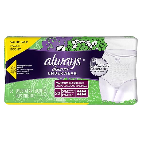 ALWAYS DISCREET ADULT DIAPERS FOR WOMEN, INCONTINENCE UNDERWEAR, POSTPARTUM ESSENTIALS, DISPOSABLE BRIEFS, MAX ABSORBENCY, BLADDER LEAK PROTECTION, SMALL/MEDIUM, 32CT