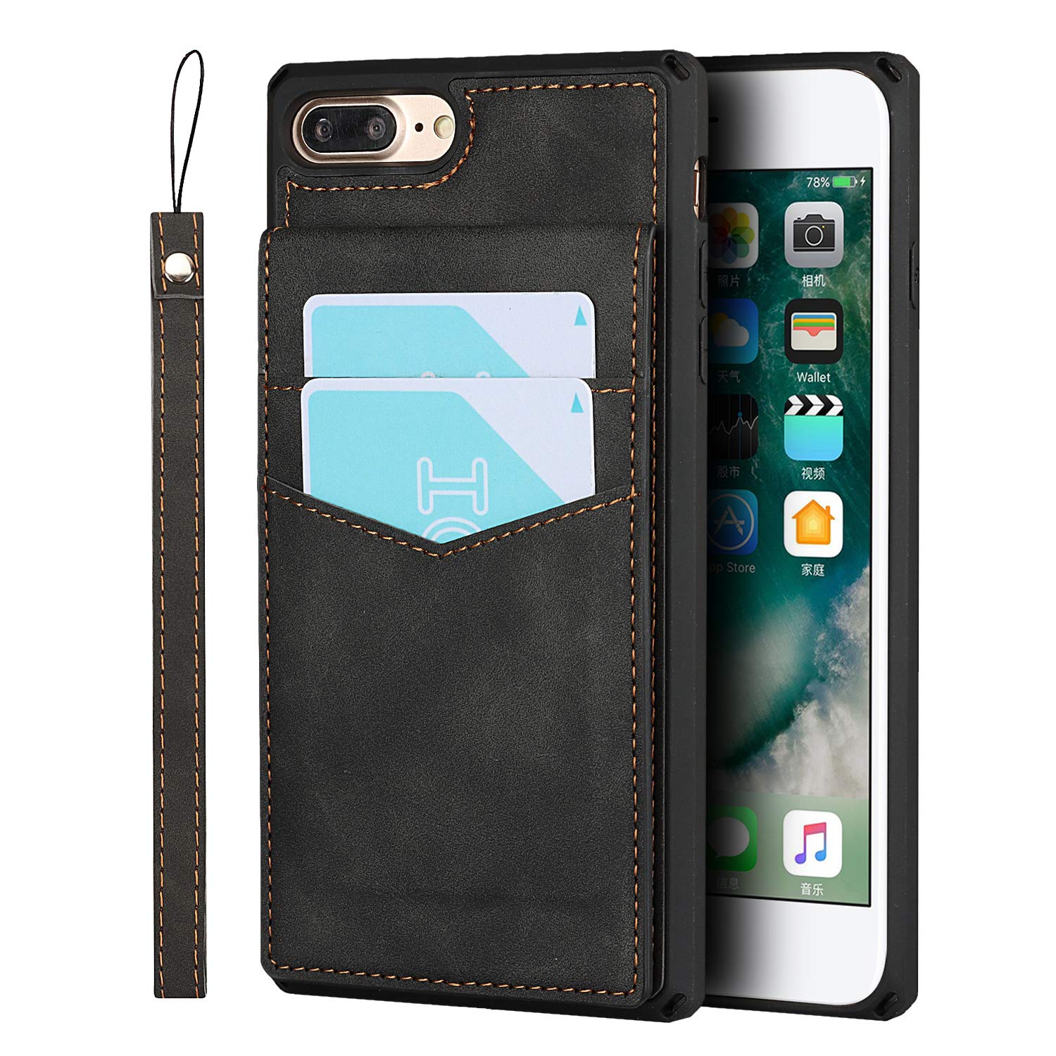 UEEBAI Wallet Case for iPhone 7 Plus iPhone 8 Plus, Premium Skin Feel Vintage PU Leather Case Back Wallet Kickstand Cover Card Slots Wrist Strap Magnetic Clasp Shockproof TPU Cover - Black