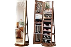 CHARMAID 360° Rotating Jewelry Armoire with LED Lighted Full Length Mirror & Built-in Vanity Mirror, Lockable Standing Jewelr