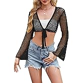Women Bell Long Sleeve Crochet Top Tie Front Cropped Cardigan Hollow Out Knit Bolero Shrug