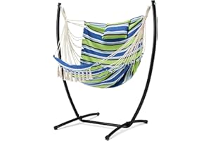 EUSUNCALY Sensory Swing Chair with Stand,Hammock Chair Flow Bohemian Hand Indoor Outdoor,Hanging Chair with Headrest and Side Pockets, Maximum Load Capacity 330lbs(Green-Blue)
