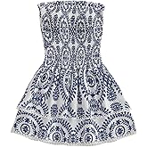 MakeMeChic Women's Summer Ruffle Dress Strapless Mini Dress Shirred Beach Vacation Dresses