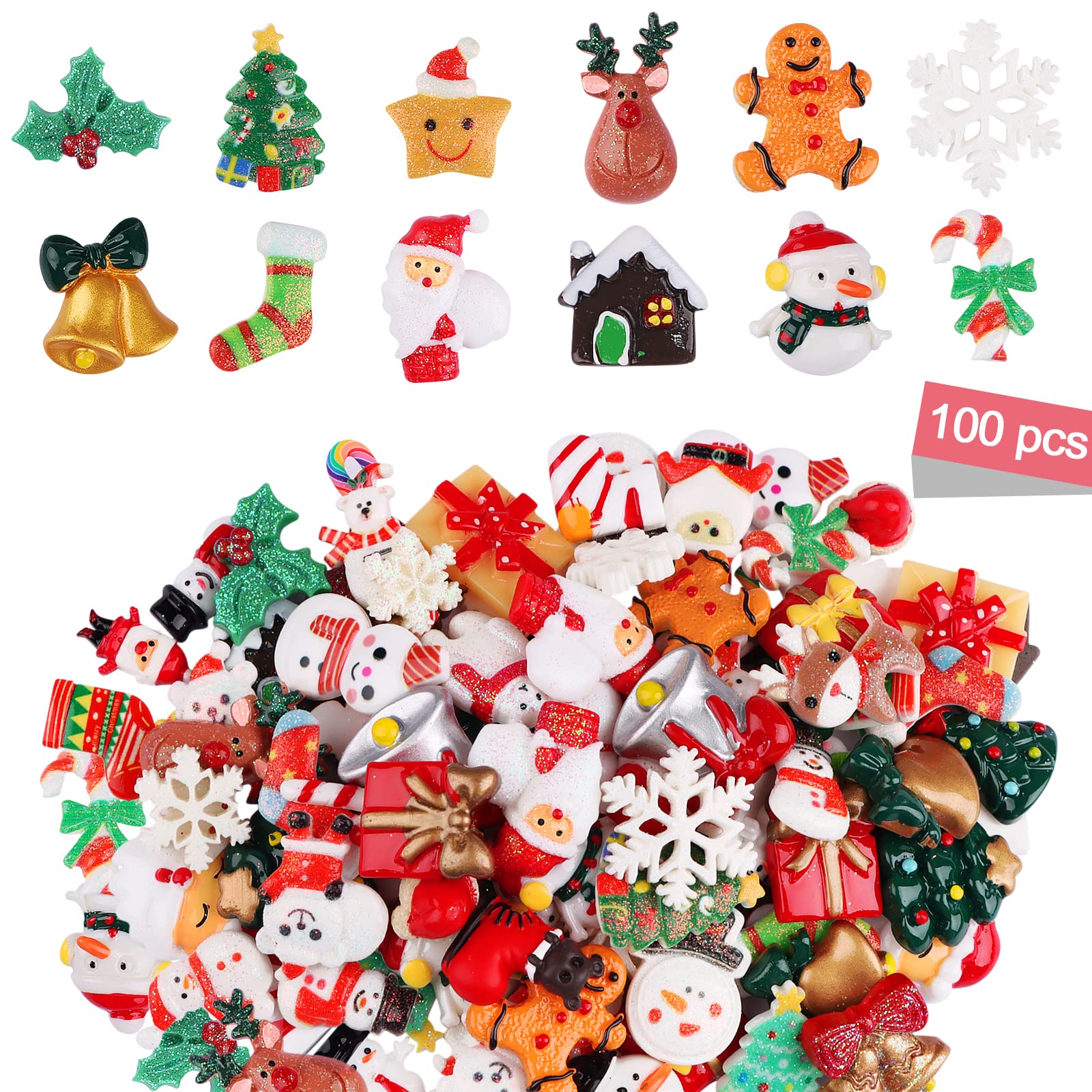 100 Pieces Christmas Assorted Craft Resin Ornaments, Kalolary Resin Flatback Miniature Xmas Ornaments Santa Snowman Tree Bell Resin Charms Decoration for Phone Case Earrings Christmas Family DIY Craft