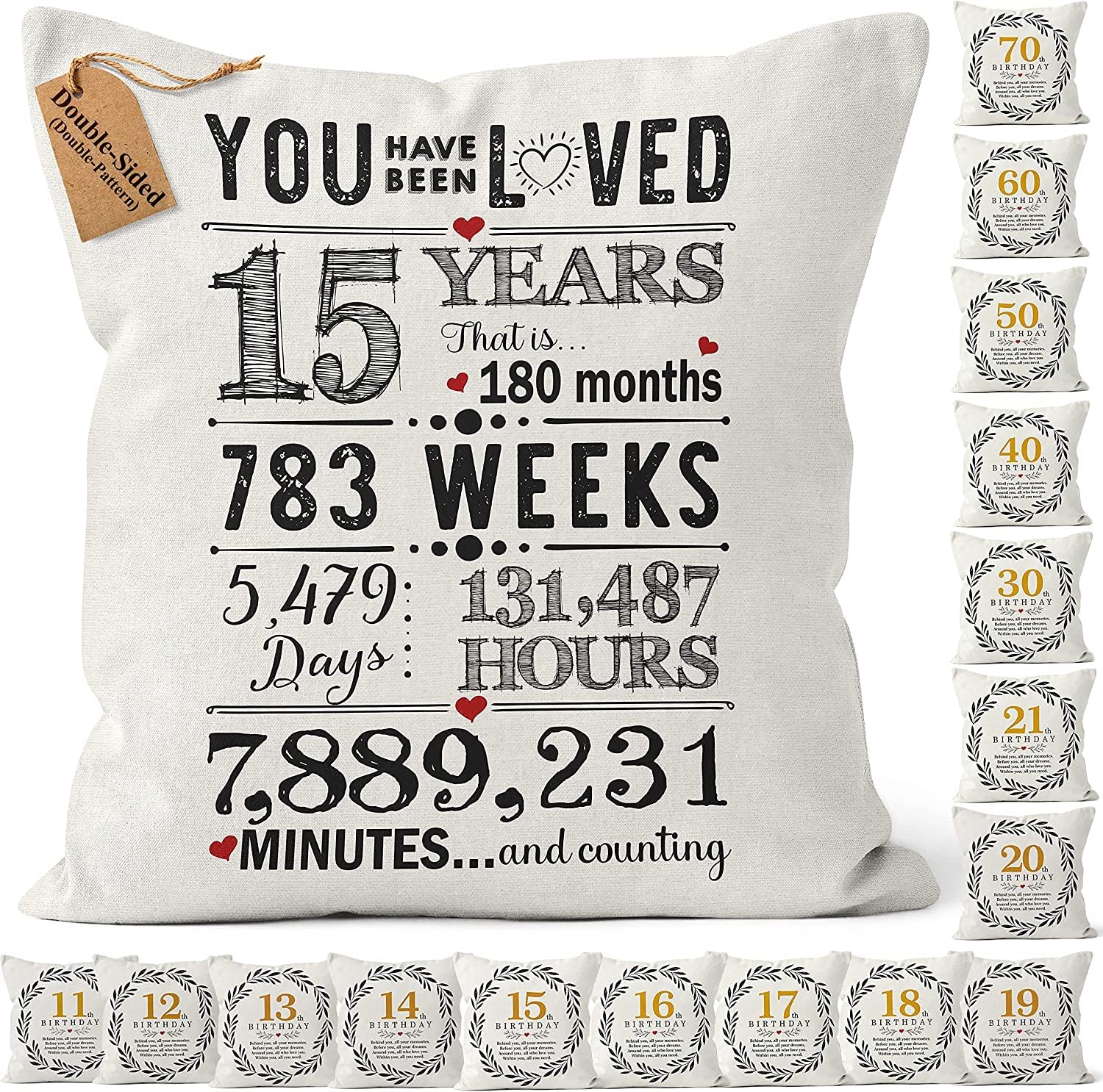 CROWNLY® (Double-Sided) 15th Birthday Cushion Cover 18x18 Gift for Girls Boys Party Decoration Gift Idea