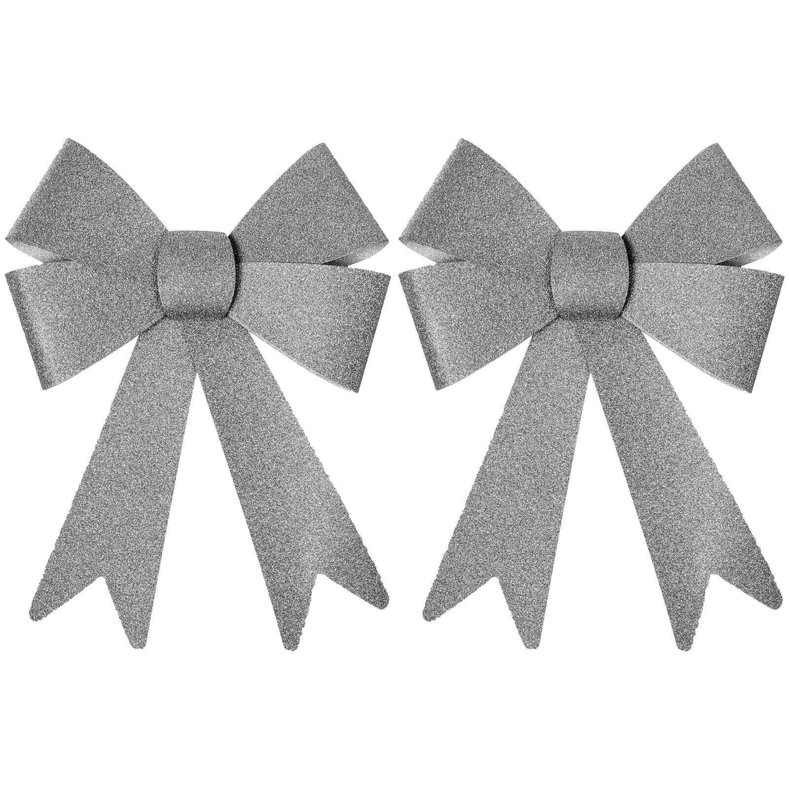 Robelli Christmas Glitter Bow Decorations - Pre-tied For Tree/Gifts/Table etc (2 Large Silver)