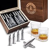 Whiskey Gifts for Men – Whiskey Glasses Set with 6 Stainless Steel Bullet Whiskey Stones, 2 Old Fashioned Glasses, Wooden Bourbon Gift Box, Premium Barware Gift Set