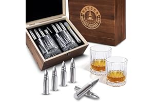 Whiskey Gifts for Men – Whiskey Glasses Set with 6 Stainless Steel Bullet Whiskey Stones, 2 Old Fashioned Glasses, Wooden Bou