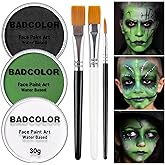 White Black Green Face Body Paint with Painting Brushes Halloween Makeup Set, Water Based Facepaint for Kids Adults Party for Witch Shrek Alien Grinch Hulk Costume Cosplay Special Effects Make Up
