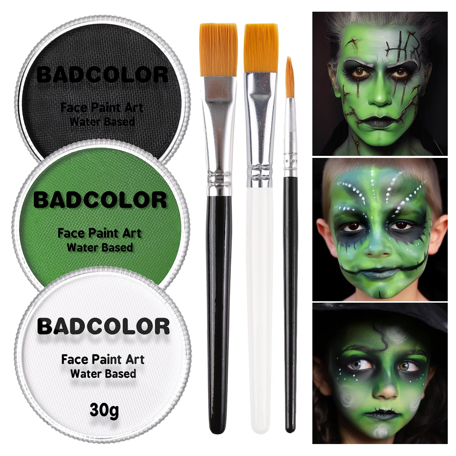 BADCOLOR White Black Green Face Body Paint with Painting Brushes Halloween Makeup Set, Water Based Facepaint for Kids Adults Party for Witch Shrek Alien Grinch Hulk Costume Cosplay Special Effects Make Up