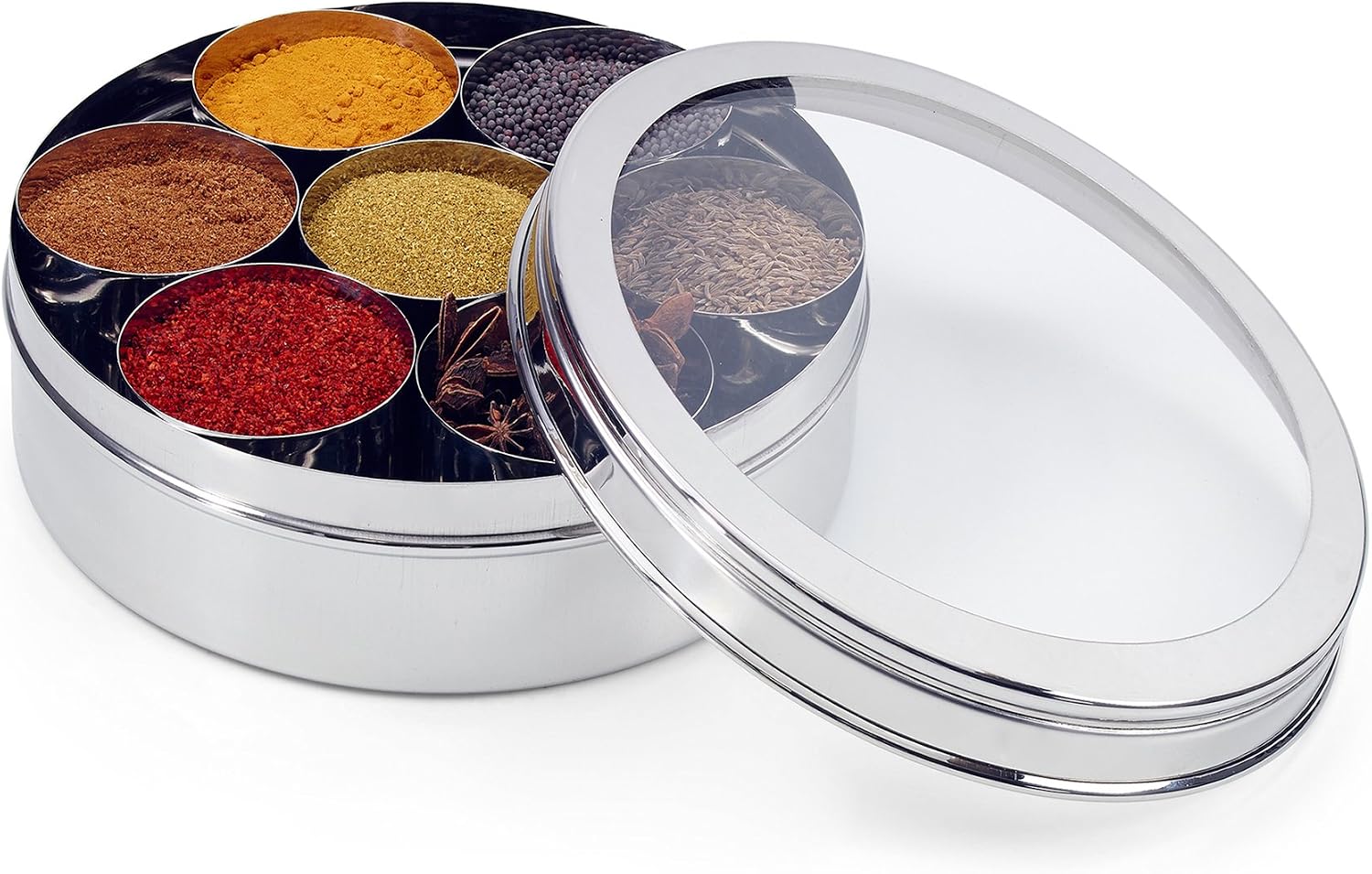 Zinel 7201 Stainless Steel Spice Box/Masala Dabba with 7 Comparments and Transparent Lid, 18cm, 18 cm, Silver