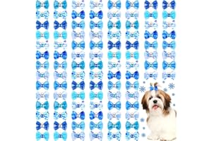 Tondiamo 100 Pack Winter Snowflake Dog Hair Bows with Rubber Bands White Blue Rhinestone Puppy Bows Winter Pet Dog Hair Grooming Accessories for Small Girl Dogs (Snowflake Pattern)