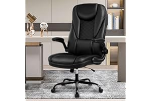 Guessky Executive Office Chair - Big and Tall, Ergonomic Leather with Adjustable Flip-Up Arms, High Back, Lumbar Support (Black)