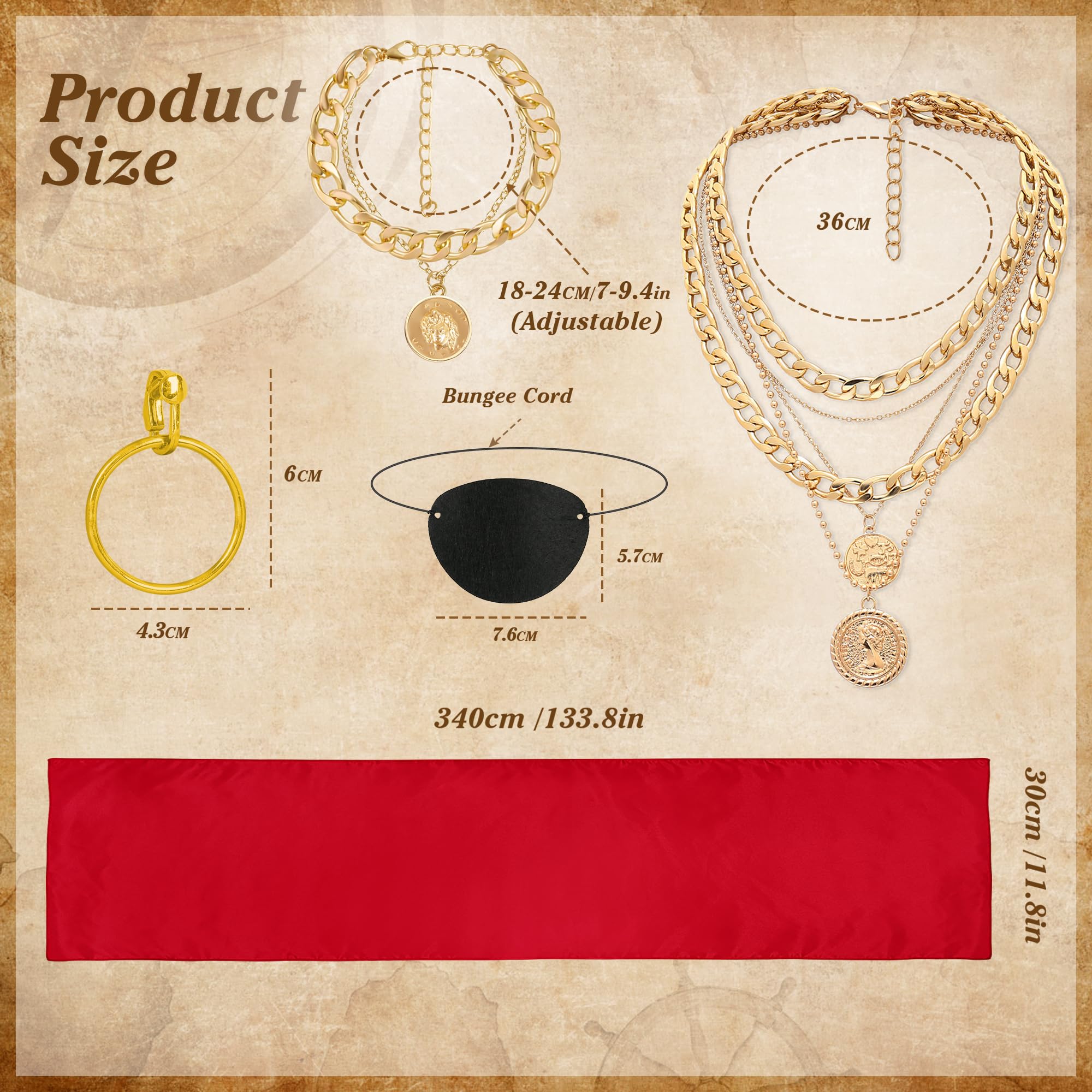 CICOCI Men Pirate Costume Accessories Set for Women: Pirate Hat, Head Scarf, Sash, Belt, Dress Accessories - Gold