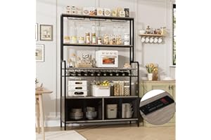 HITHOS 67" Buffet Cabinet with Built-In Power Outlet, Industrial Hutch with Storage Cabinets, Kitchen Pantry with Wide Tabletop, Coffee Bar with Wine Rack & Goblet Holder for Dining Room, Ash Gray