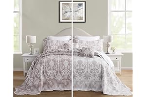 Blythease Oversized King Bedspread 138X122 Extra Wide, Jacquard Matelasse Damask Pattern Design, Lightweight, Reversible, 5 Piece, 100% Microfiber, California/Alaskan King, Bean Paste