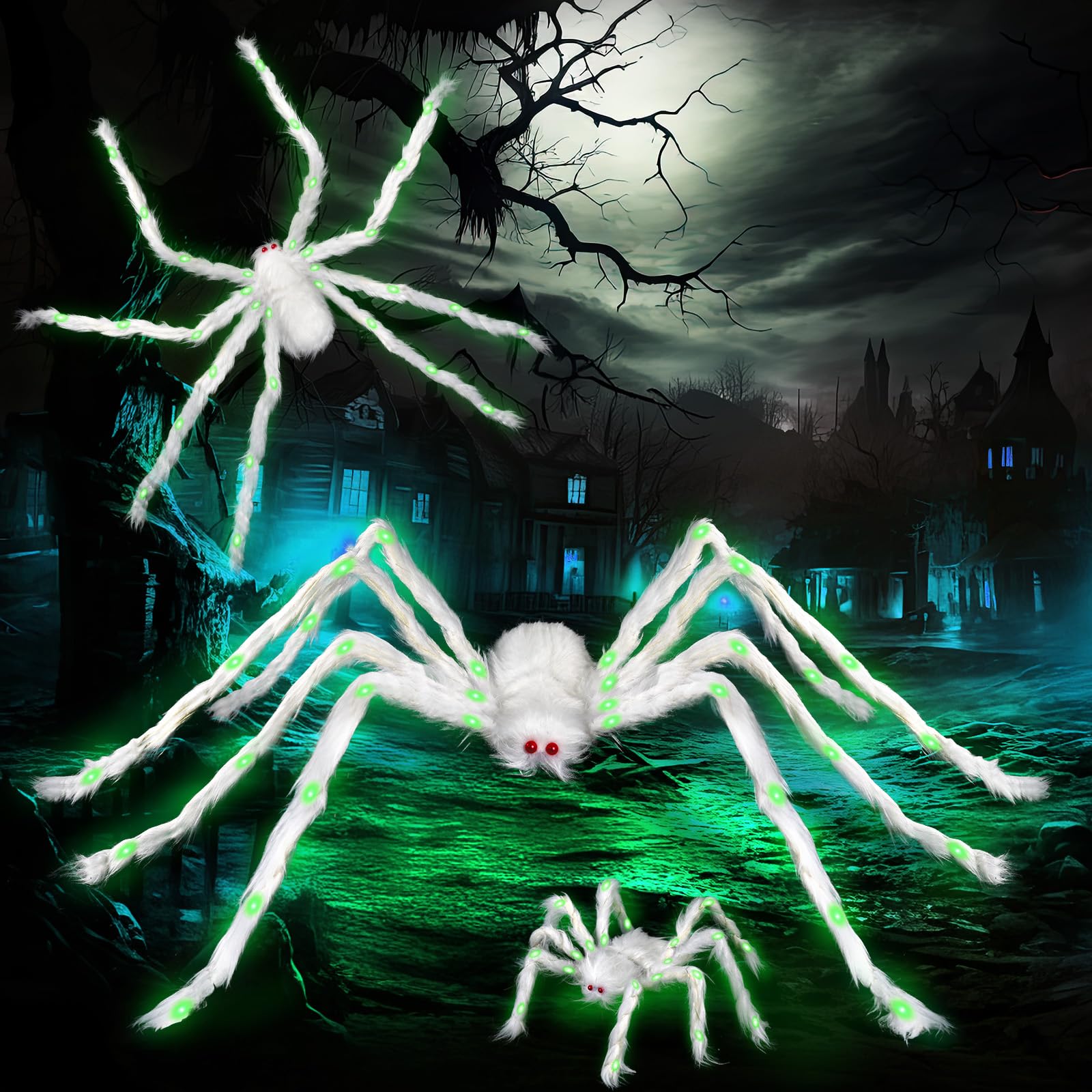 Photo 1 of ***NON FUCTIONAL PARTS ONLY****OurWarm 3 Pack Spiders Halloween Decorations, 5ft & 3ft & 1.6ft Giant Spider Outdoor Decoration with Green LEDs, Fake Halloween Spiders for Halloween Decorations Outside Props Haunted House Yard Decor