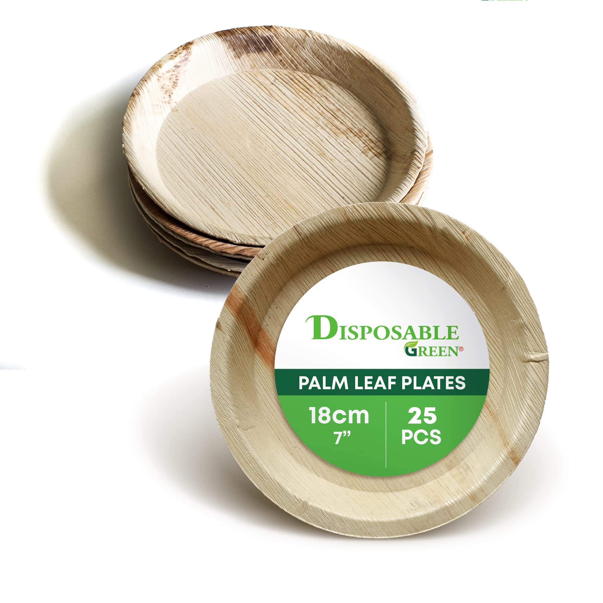 DISPOSABLE GREEN – Round Disposable Plates, Areca Leaf Serving Plates, Dinner Plates for Parties, Weddings, Catering, & More, Disposable Plates for Hot Food & Cold Food, 18 x 2cm, 25-Pcs