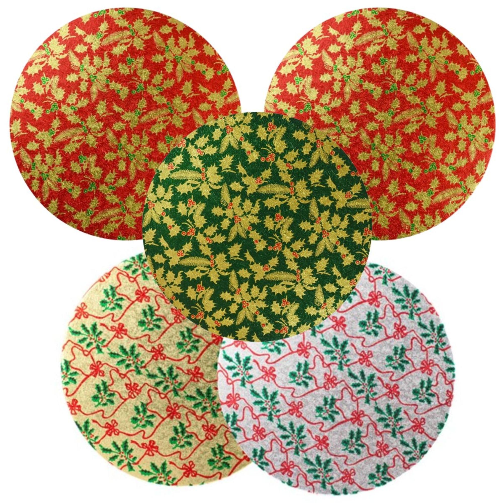Culpitt Christmas Cake Boards, Classic Holy Design, Red, Green, Gold, Silver Cake 12mm Drums For Festive Treats | 10" Round - 5 Pack