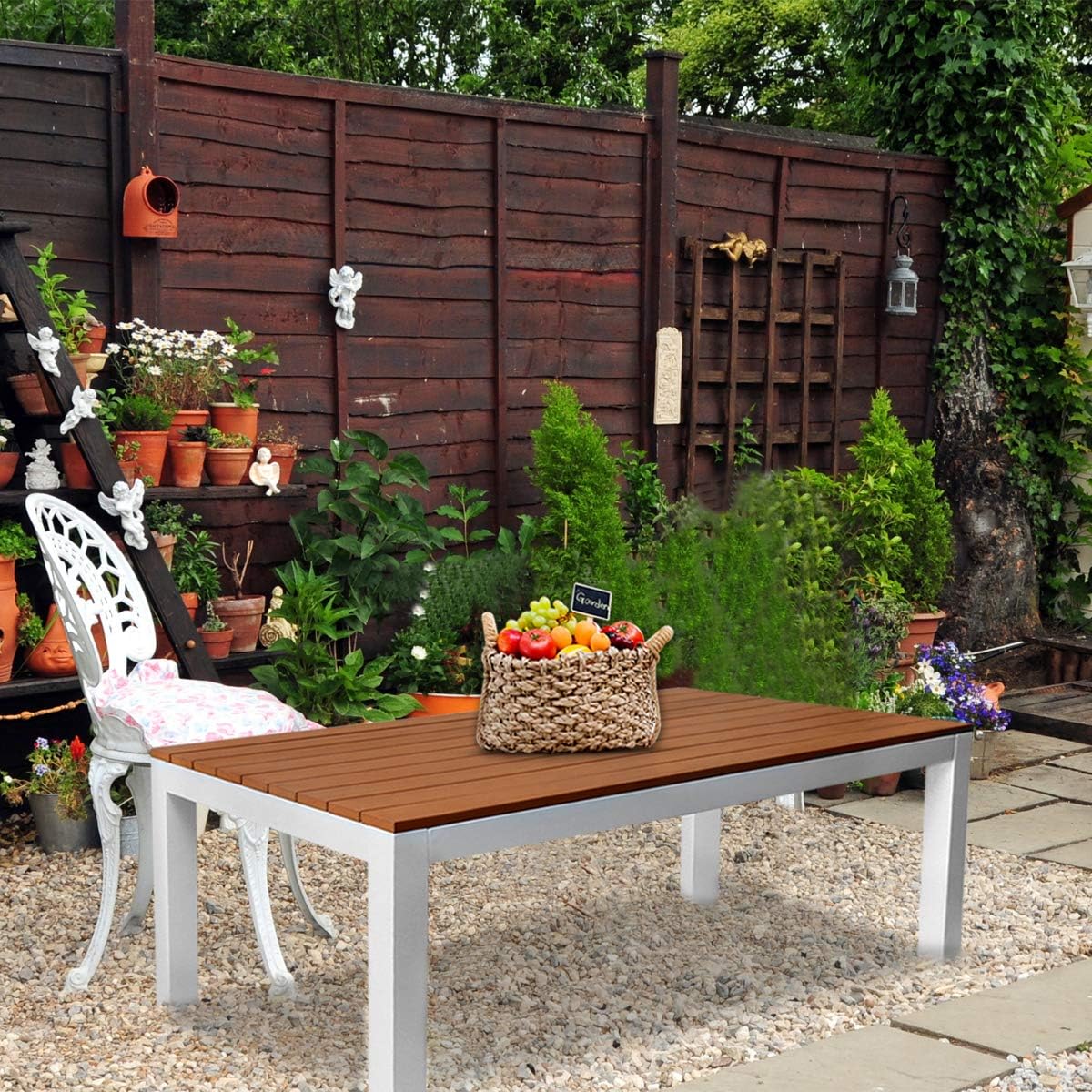 Outdoor Rustic Teak Wood Picnic Patio Dining Table with Metal Legs for Backyard Garden 47”X23.5”X17.5”: Kitchen & Dining