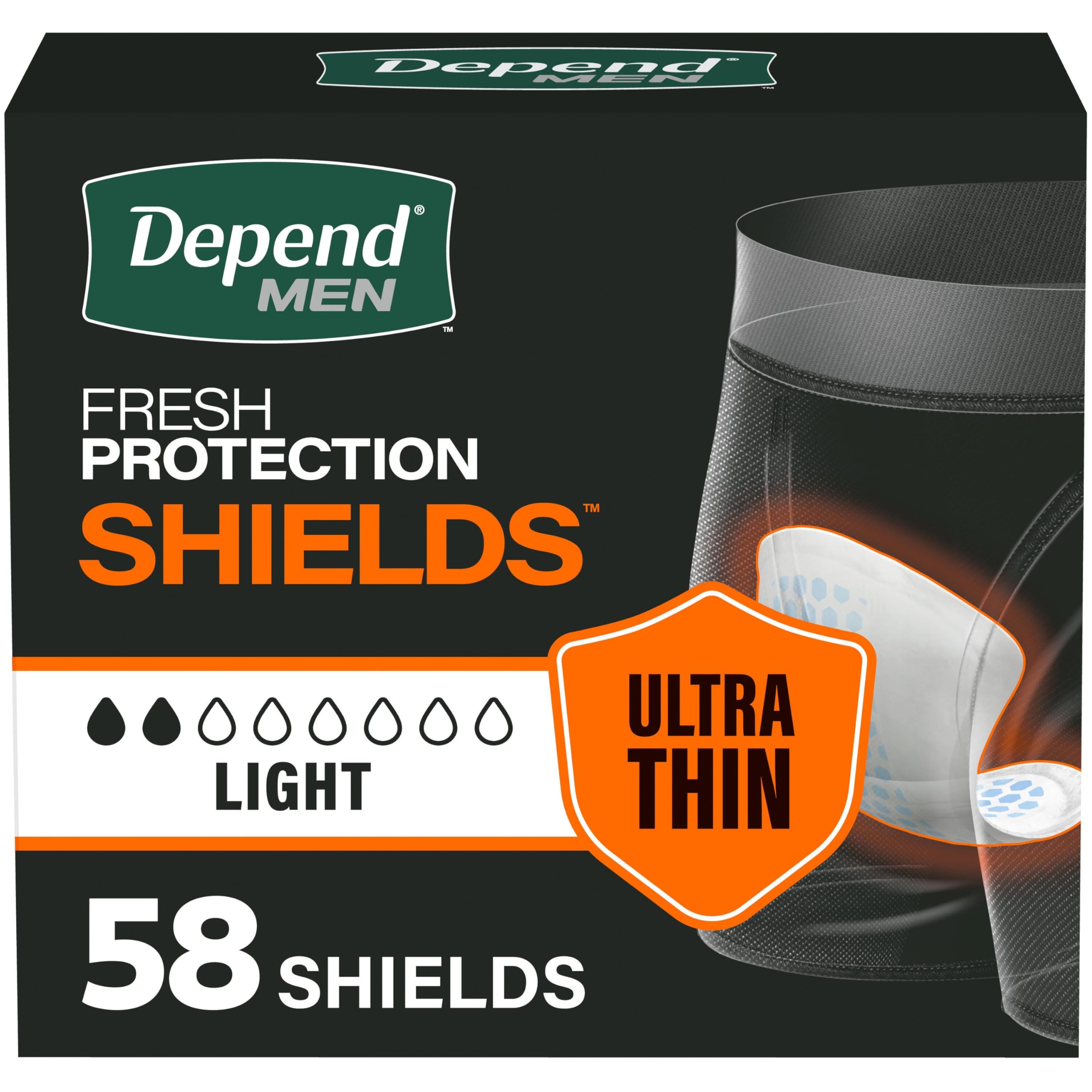 Photo 1 of Depend Shields Incontinence Pads for Men, Light Absorbency, 58 Count, Packaging May Vary