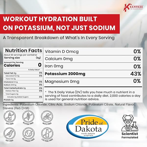 KRAMPADE HIGH POTASSIUM ELECTROLYTES POWDER ZERO SUGAR LEMON LIME, 4180MG ELECTROLYTES, 2000MG POTASSIUM, CRAMP RELIEF & PREVENTION, CELLULAR HYDRATION, BETTER ENDURANCE & RECOVERY, KETO, 50 SERVINGS