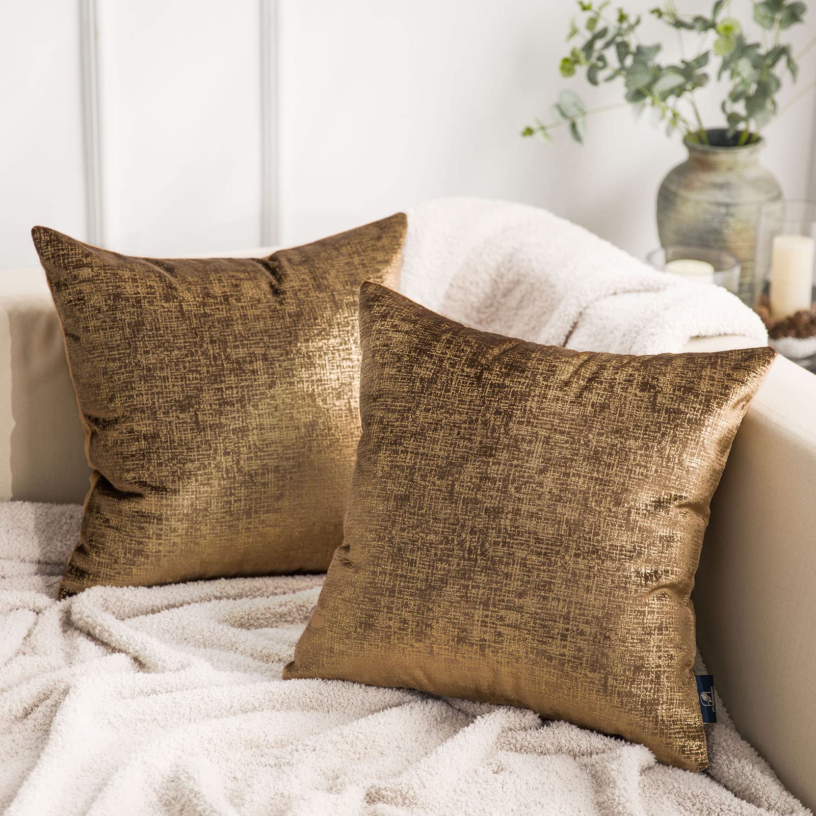 Photo 1 of Phantoscope Pack of 2 Sparkling Velvet Geometric-pattern Throw Decorative Pillow Cover Soft Gold Glitter Square Cushion Cover Pillowcase for Couch Bed and Chair, Dark Brown, 18 x 18 inches, 45 x 45 cm