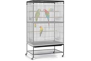 Bissap Bird Cage Seed Catcher, 90-118‘’ Universal Birdcage Net Nylon 31.8'' H Adjustable Elastic Band Stretchy Skirts Mesh Cover for Parrot Cage Seed Guard (Not Include Birdcage)- White