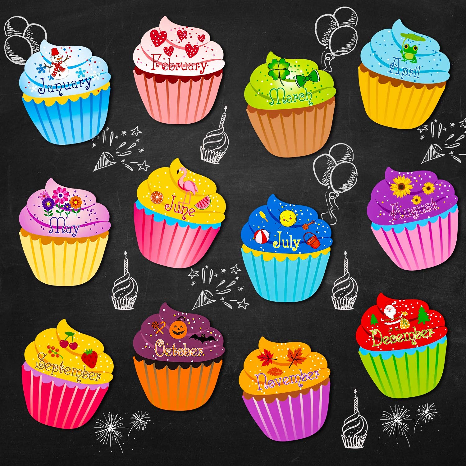 Birthday Cupcakes Cutouts Classroom Bulletin Board Cutouts Chart Decoration with Adhesive Dot for Bulletin Board School Party Accent Calendar, 9.6 x 11.6 Inches