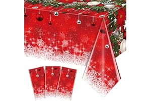 JECTIVS 3Pieces Merry Christmas Tablecloth Plastic Christmas Tree Ball Table Cover Rectangle Winter Snowflake Tablecloth for Merry Christmas Holiday New Year Eve Party Decorations Supplies,54x108inch