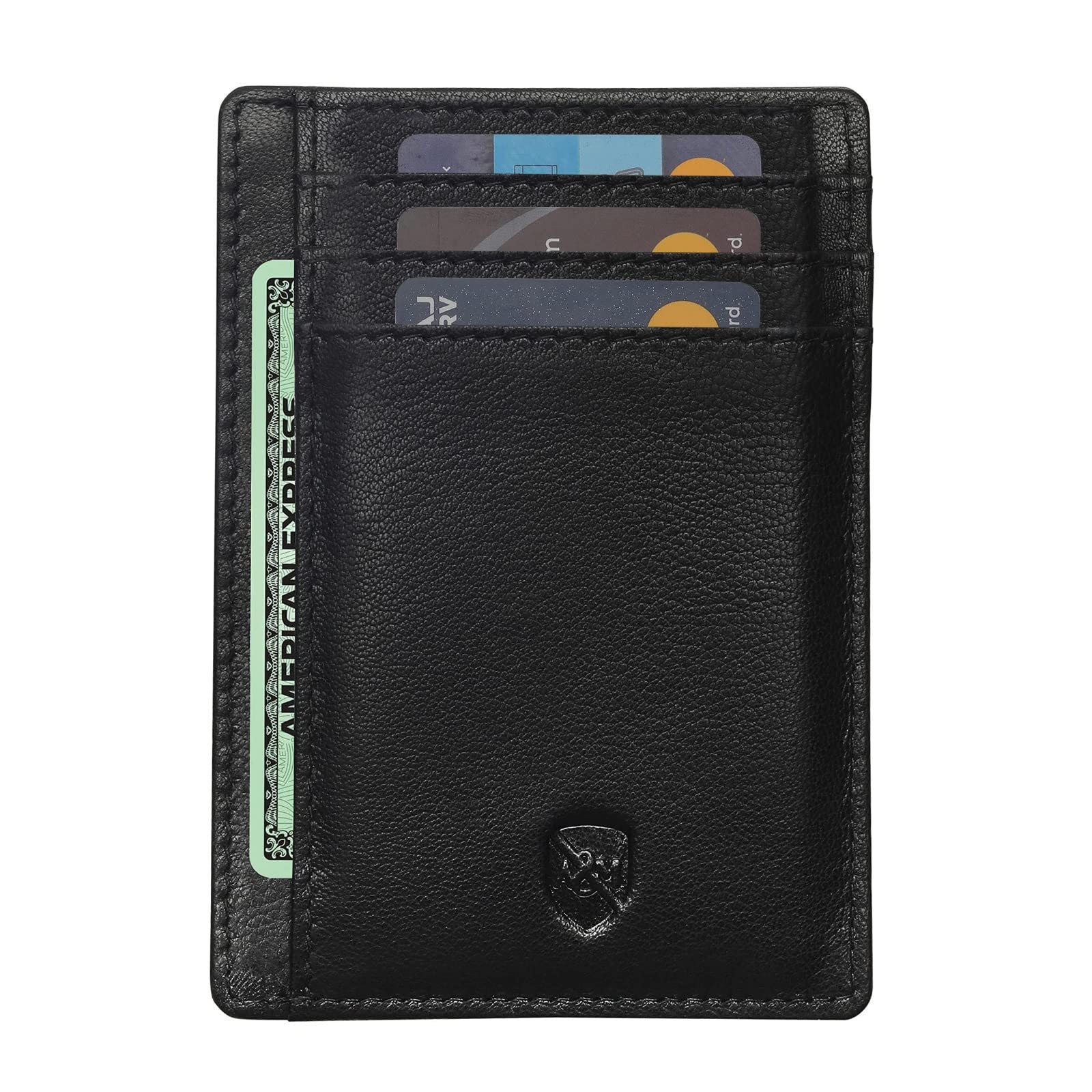 ALLEN & MATE 100% Leather Slim Minimalist Wallet – RFID Blocking Card Holder for Men & Women – Holds 7 Cards & Cash – Stylish, Compact Design – Genuine Leather with Gift Box (Black)