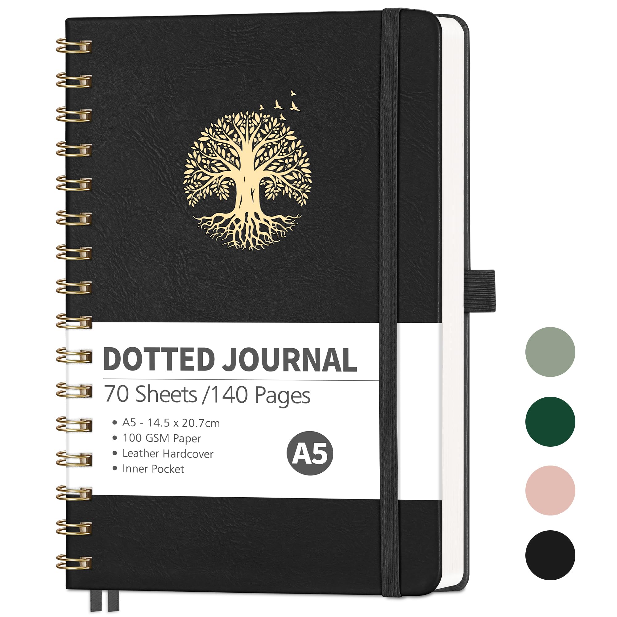 RETTACY Notebook A5 Bullet Dot Journals - Hardback leather Grid Dotted Journal,Spiral Sketchbook 140 Pages Notepad for Work School,100gsm Thick Paper,Bookmark, Stencils, Inner Pocket - Black